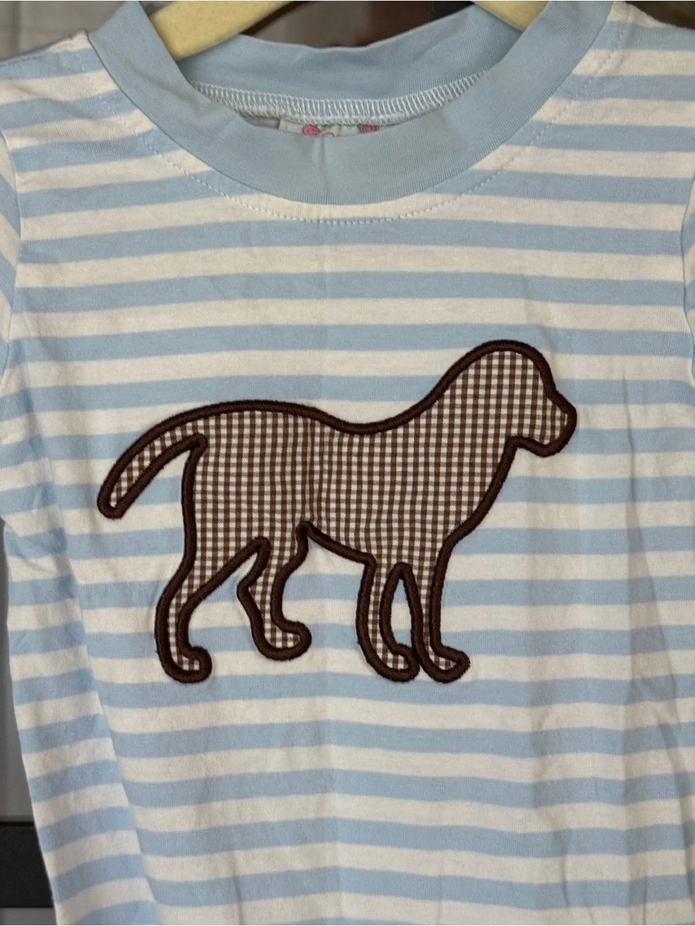 Cecil & Lou dog coverall romper lab puppy chocolate striped baby boy applique